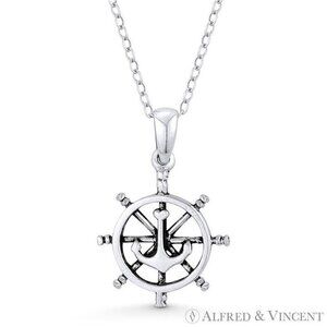 Ship's Helm & Anchor Sailor's Luck Charm Pendant in Oxidized 925 Sterling Silver